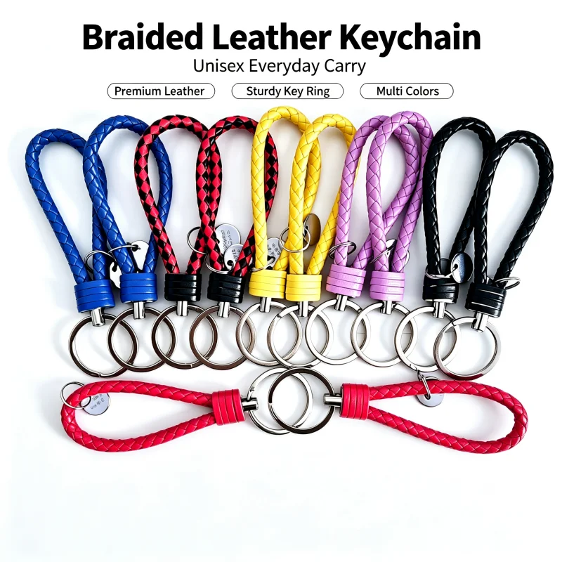 Leather Work Bag Mens - Stylish PU Leather Braided Woven Keychain