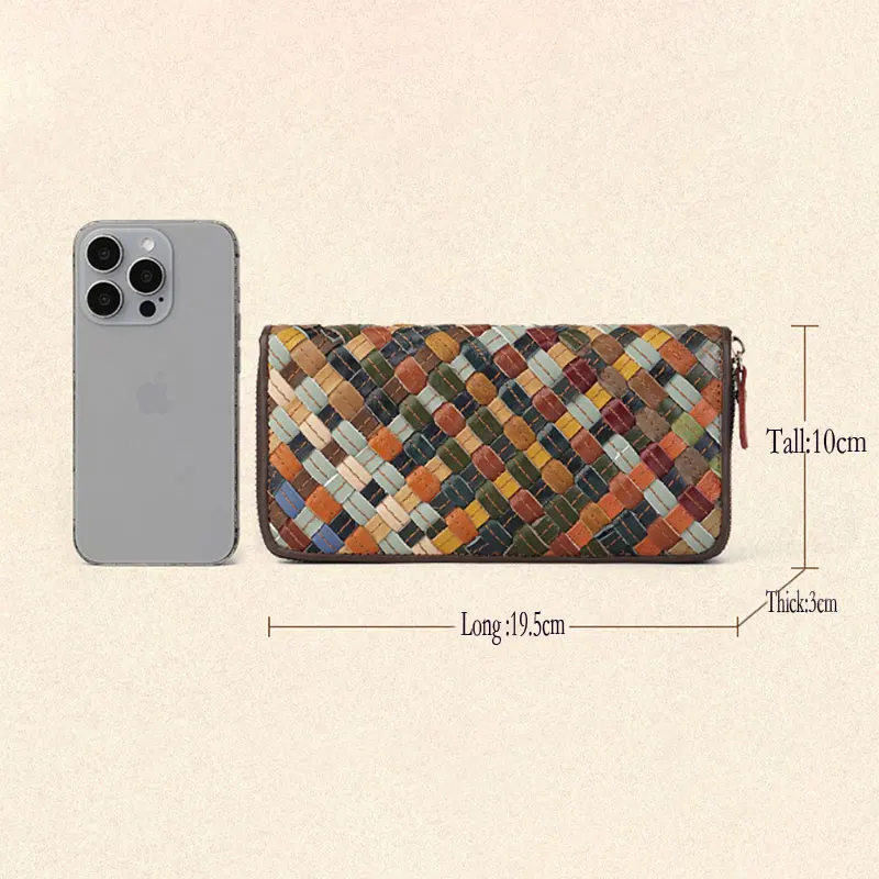 السيدات جلد طبيعي المنسوجة مختلط اللون محفظة طويلة خياطة عشوائية سعة كبيرة متعددة فتحة سستة المحفظة