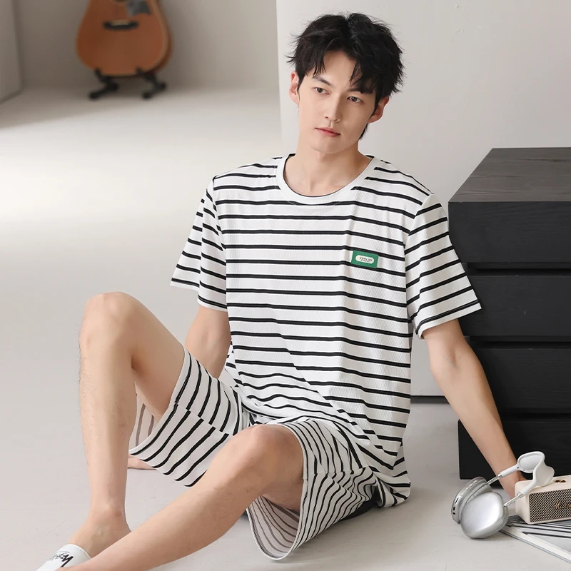 Threaded Ice Silk Pajamas Summer Men's short Sleeve Shorts Thin Cool Striped loungewear can be worn outside pyjama homme