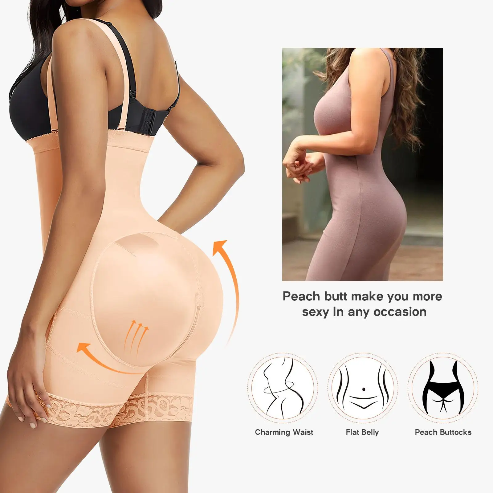 เทป Shapewear กระโปรง Lifter โพลีเอสเตอร์ออกกําลังกายชุดบอดี้สูทผู้หญิง Tummy Control