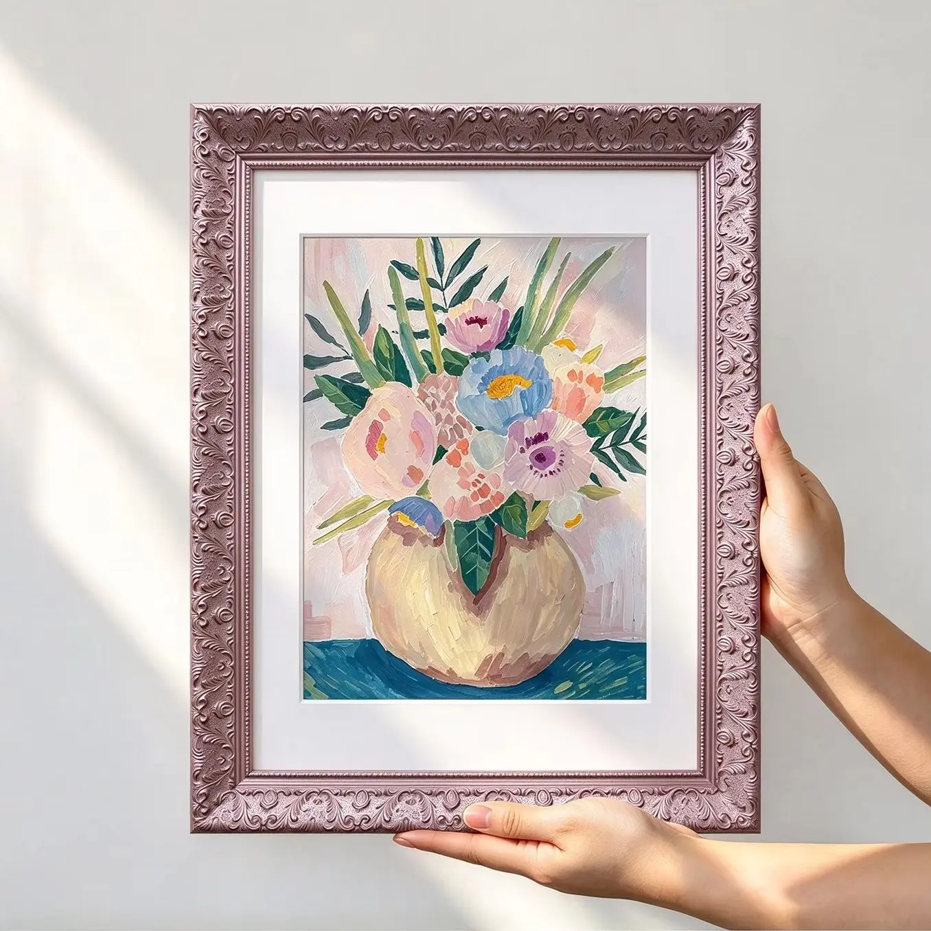 Vintage Rose Gold Solid Wood Photo Frame Hand-Carved Baroque Picture Frame with Floral Relief Timber Art Frame for Oil Painting