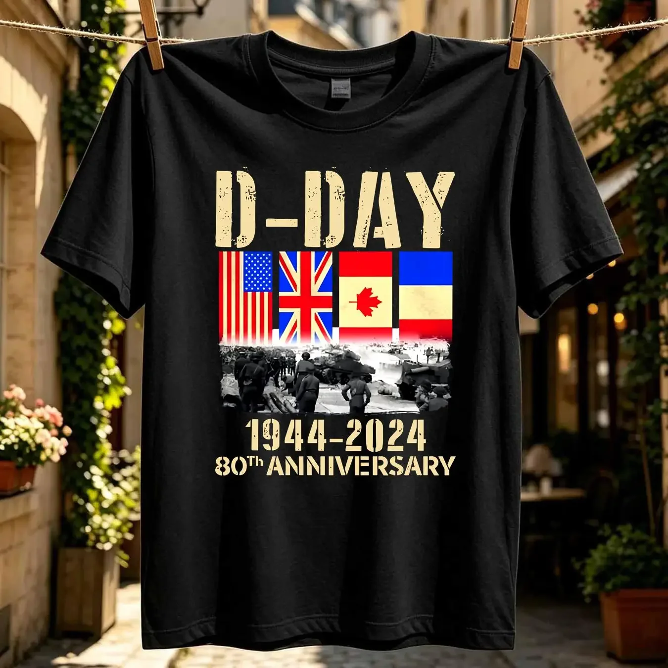 washed T Shirt D Day Normandy Landings 80th Anniversary 1944 2024 UK Flag Top long or short sleeves vintage Washed Versatile
