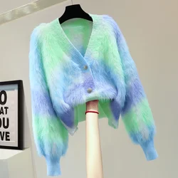 Luxury New Fuzzy Cardigan Women Gradual Color Mohair V-neck Plush Loose Sweater Japanese Style Retro Colorful Furry Knitted Coat