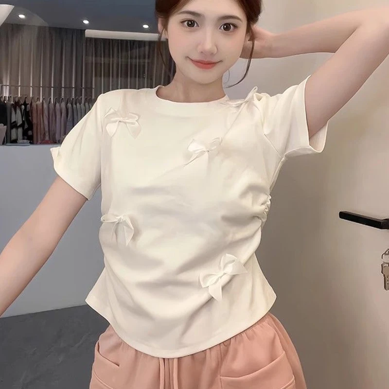 Sweet Bow T-Shirt Women Fashion Solid Casual Skinny Pretty Style Korean Shite Tops 3D School Lady Summer O-Neck Tees