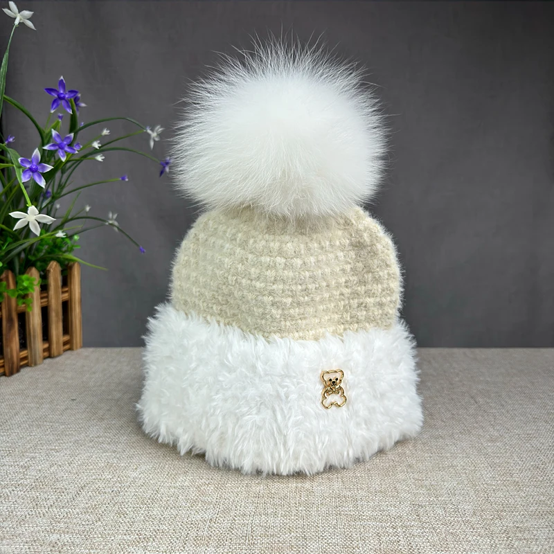 Imitation mink fur hat for women versatile and cute in winter real fox fur ball yarn hat warm hat thick ear protection knitted