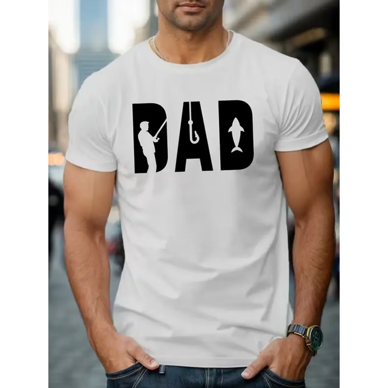 Mens Fishing Themed Fishing Dad Short Sleeve T Shirt Summer Casual Round Neck Tee Suitable For Outdoor Activities