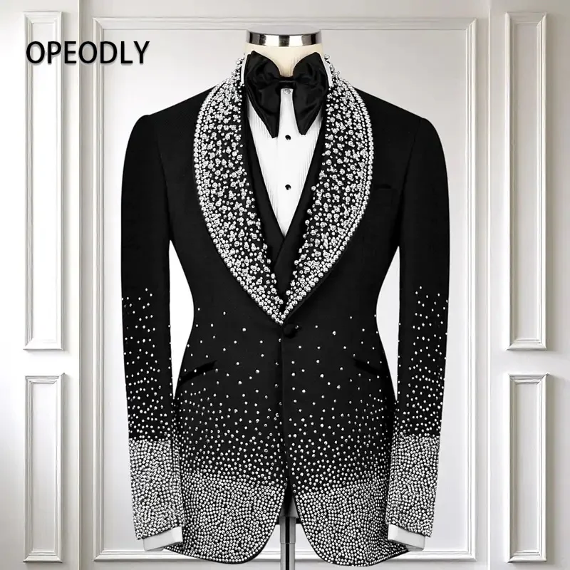 

Мужской черный смокинг OPEODLY с кристаллами, ручной работы, из смесовой шерсти, для выступлений, свадеб, выпускных вечеров, официальных мероприятий, 2 предмета