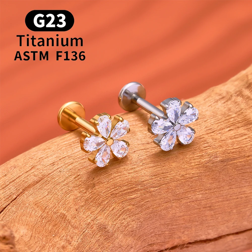 ASTM F136 Titanium Flower Flat Back Ear Stud 16G CZ Snowflake Cartilage Earring Labret Tragus Lobe Conch Helix Piercing Jewelry