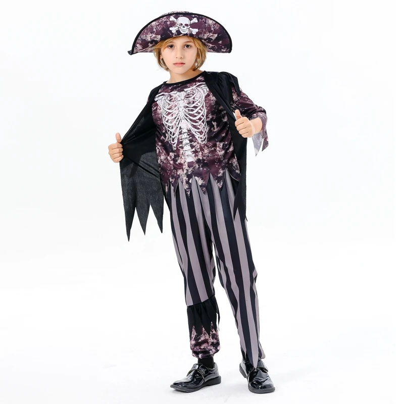 Bambini Costume da pirata ragazzi pirata Halloween Costume Cosplay scheletro stampa manica lunga top pantaloni a righe cappello 3 pezzi Set