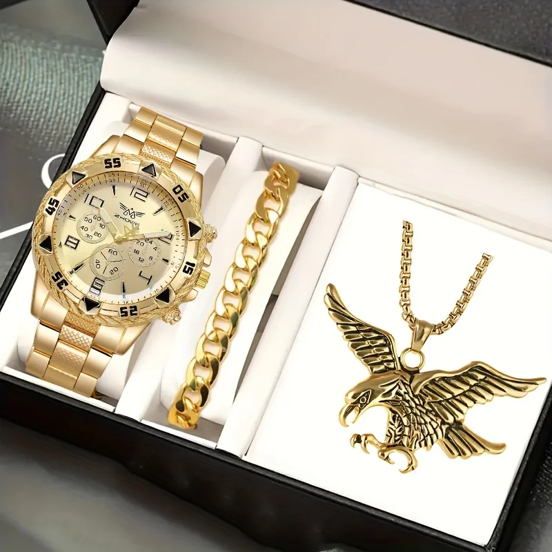 Trendy Business Large Dial Steel Band Quartz Watch & Bracelet Necklace Set