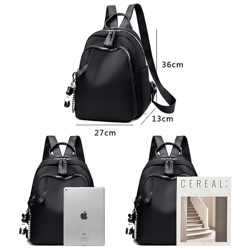 Solid Black Backpack Women Oxford Cloth Zipper Double Shoulder School Bag Teenage Youth Backpacks Travel Casual Ladies Bags