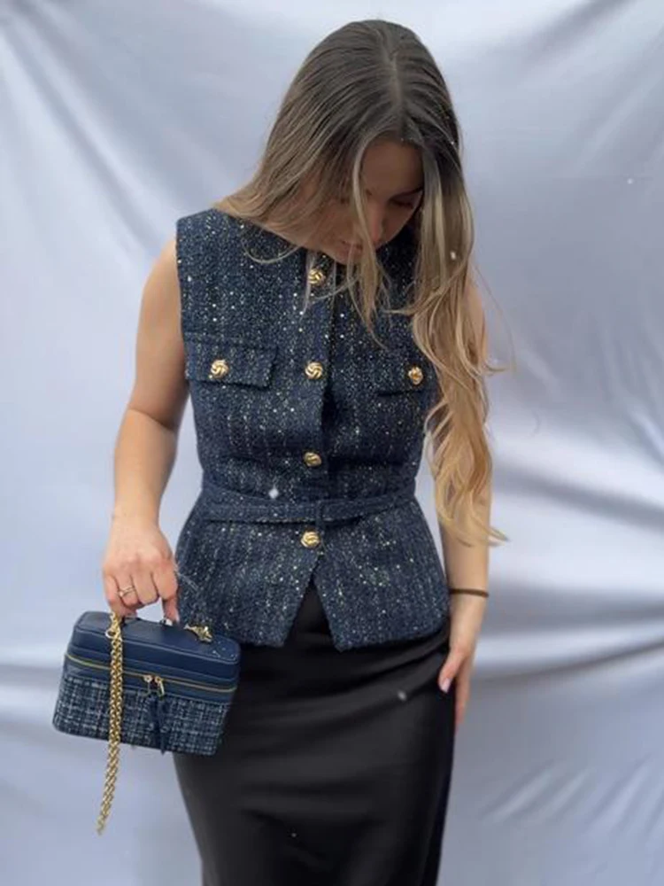 Talenza Women Fashion Tweed Belt Waistcoat O Neck Single Breasted Sleeveless Vests Spring Summer Office Lady Outerwear Chic Tops
