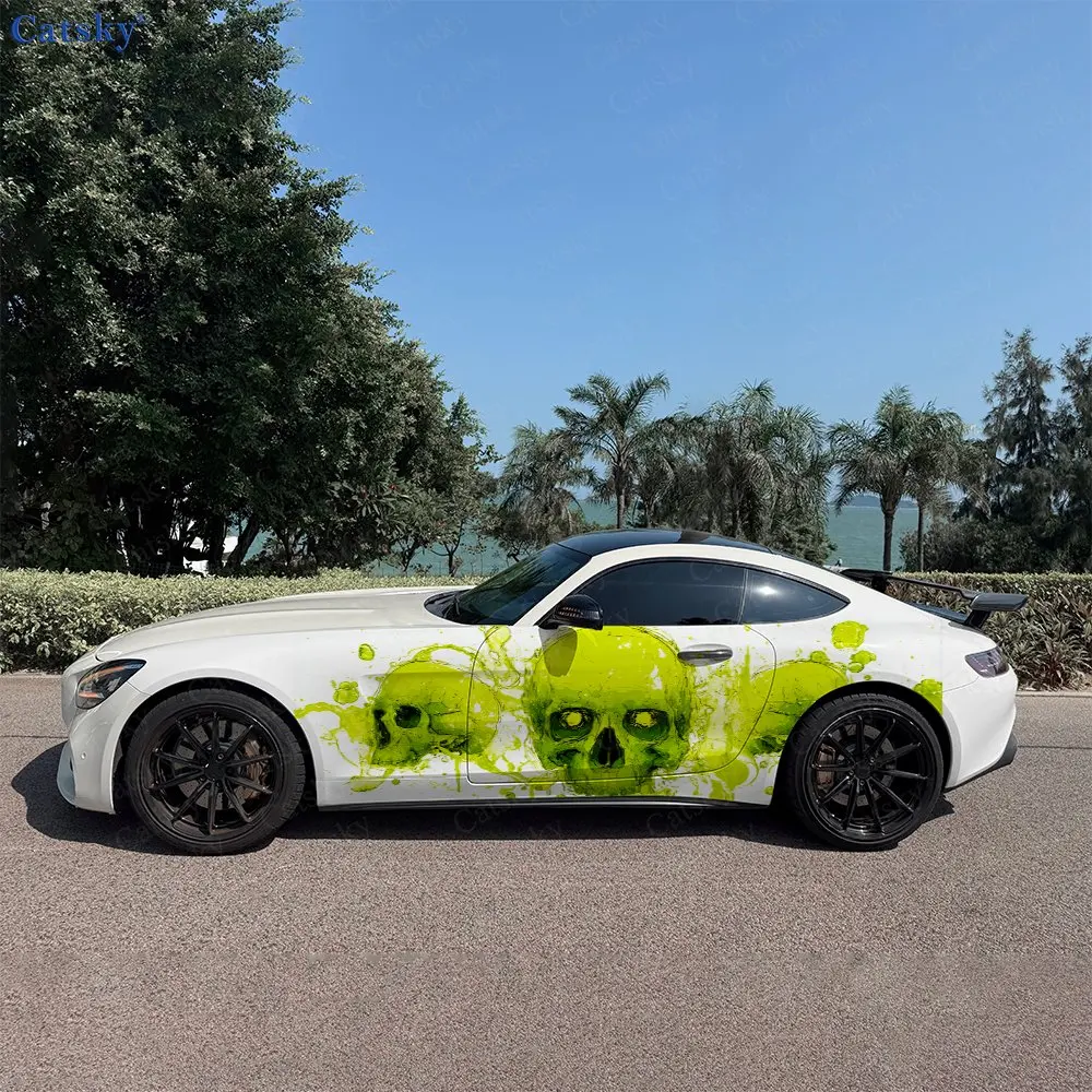 2pcs Green Dripping Human Skull Car Side Wraps, Self-Adhesive PVC Waterproof & Scratch-Resistant Stickers, Car Accessory Gift
