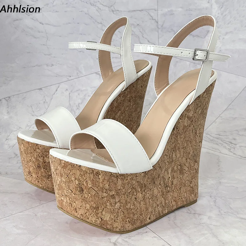 Ahhlsion Handmade Women Summer Sandals Buckle Strap Wedges Heeled Round Toe Pretty White Dress Shoes Ladies US Size 4-15