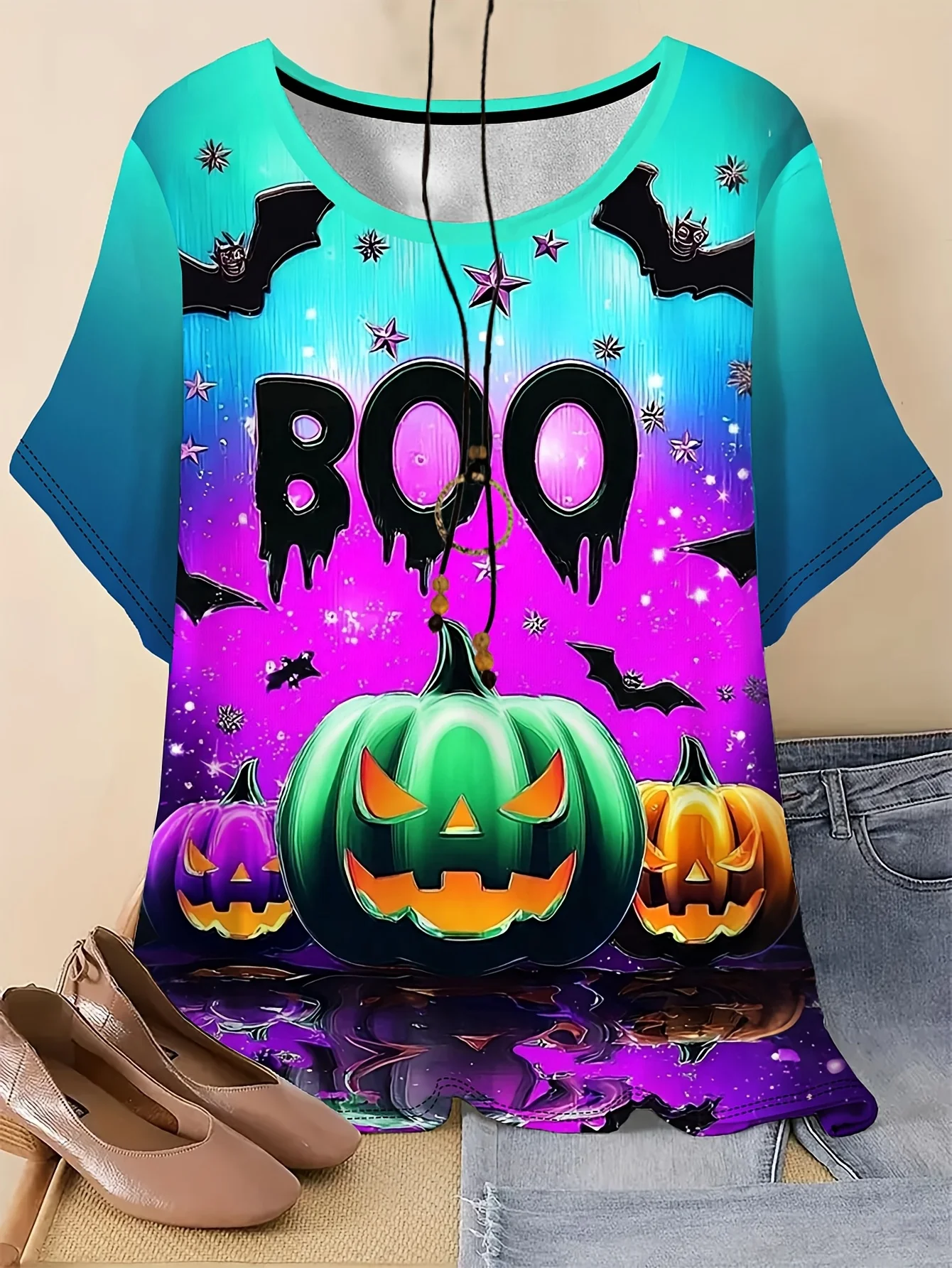Women Round Neck Short Sleeve Tee T-shirts Halloween Boo Pumpkin Graphic Print Casual Summer Daily Top Women's Clothes