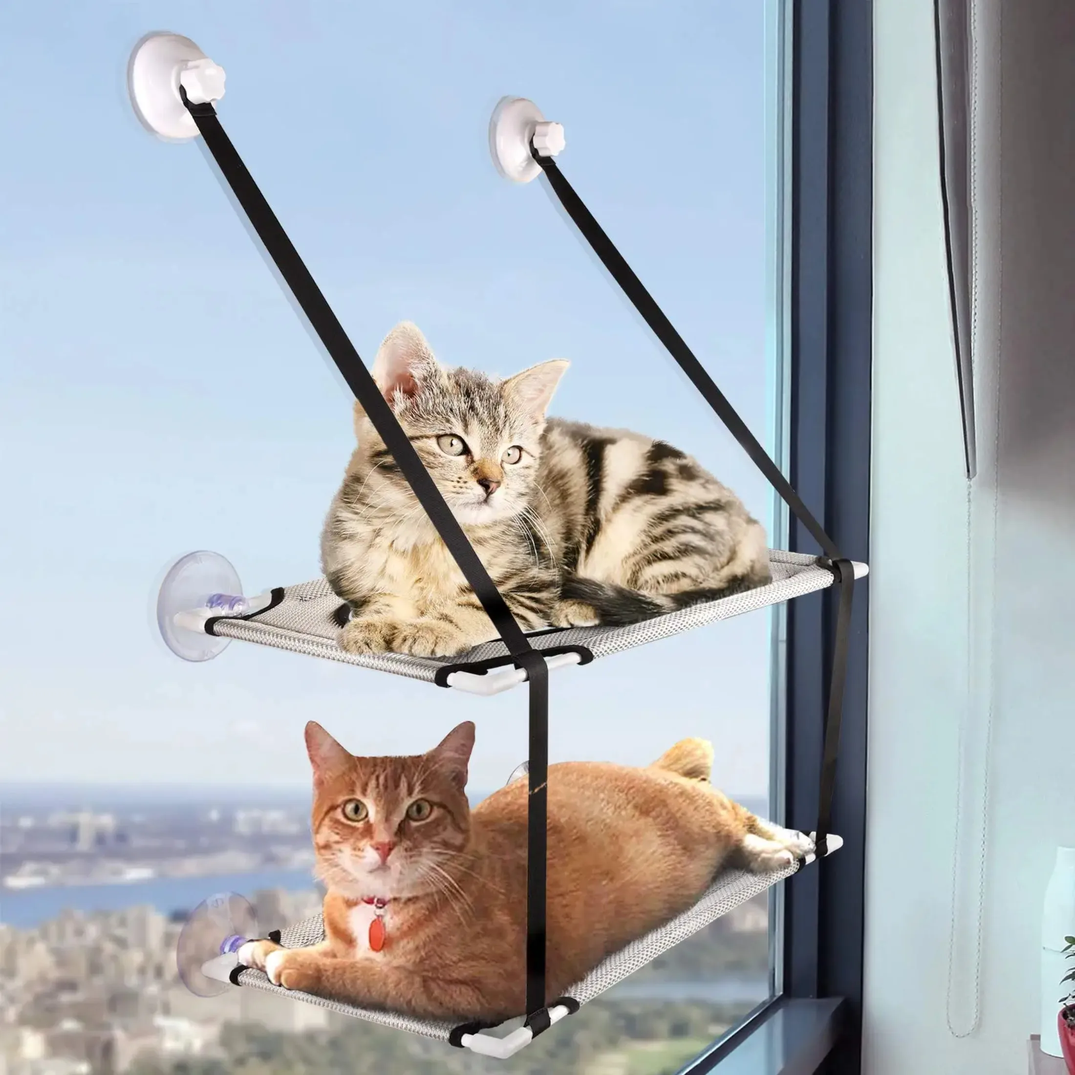 Cat Window Perch, Double Stack Cat Hammock Window Seat,Space Saving Cat Bed with Upgrade Strong Suction Cup