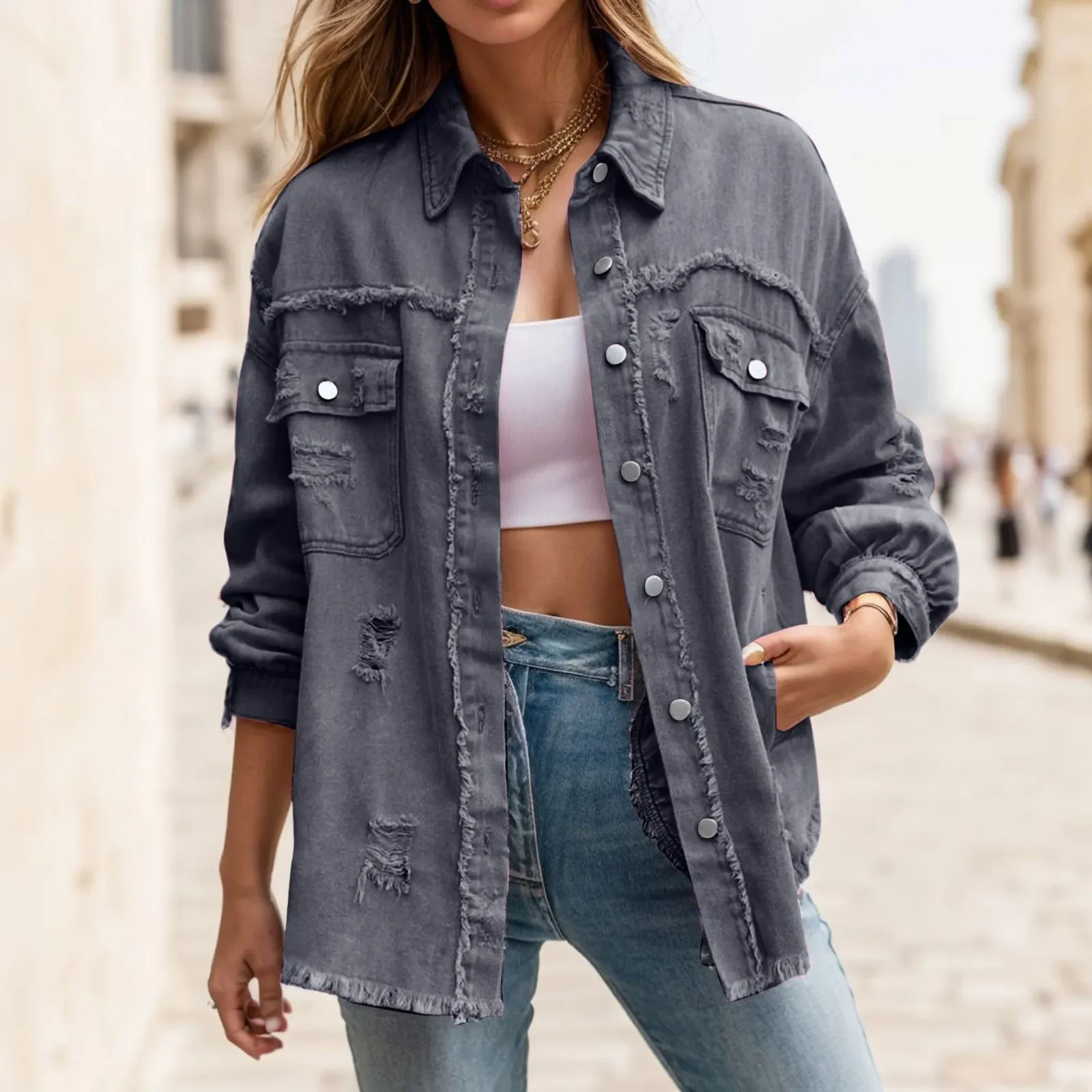 Women'S Oversized Blouse Denim Jacket Casual Long Boyfriend Distressed Denim Jacket Single Breasted Button Coat Women'S Jacket