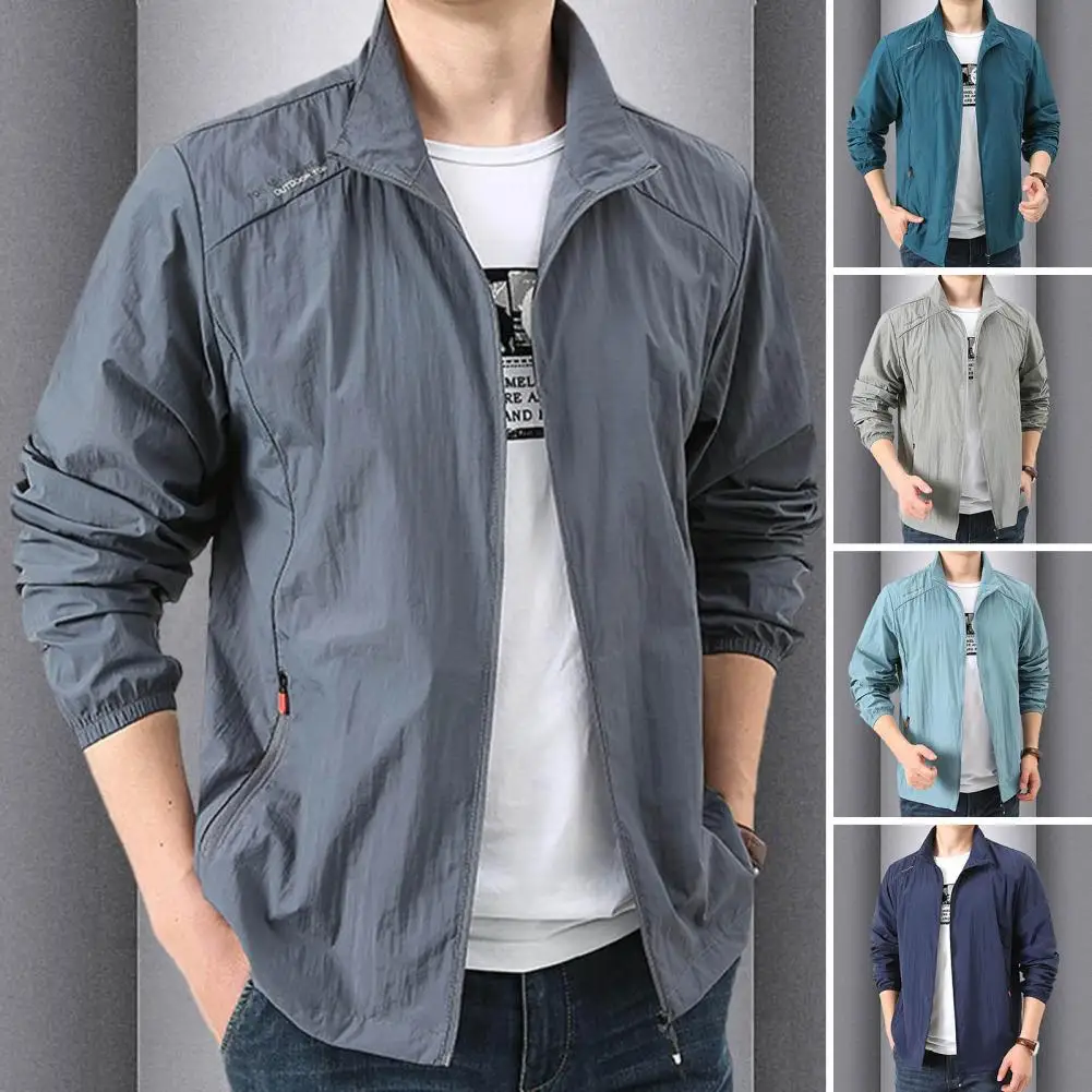 Foldable Men Jacket Sun Protection Jacket Loose Fit Outdoor Coat for Men Lapel Long Sleeve Windproof Zipper Placket Ice Silk