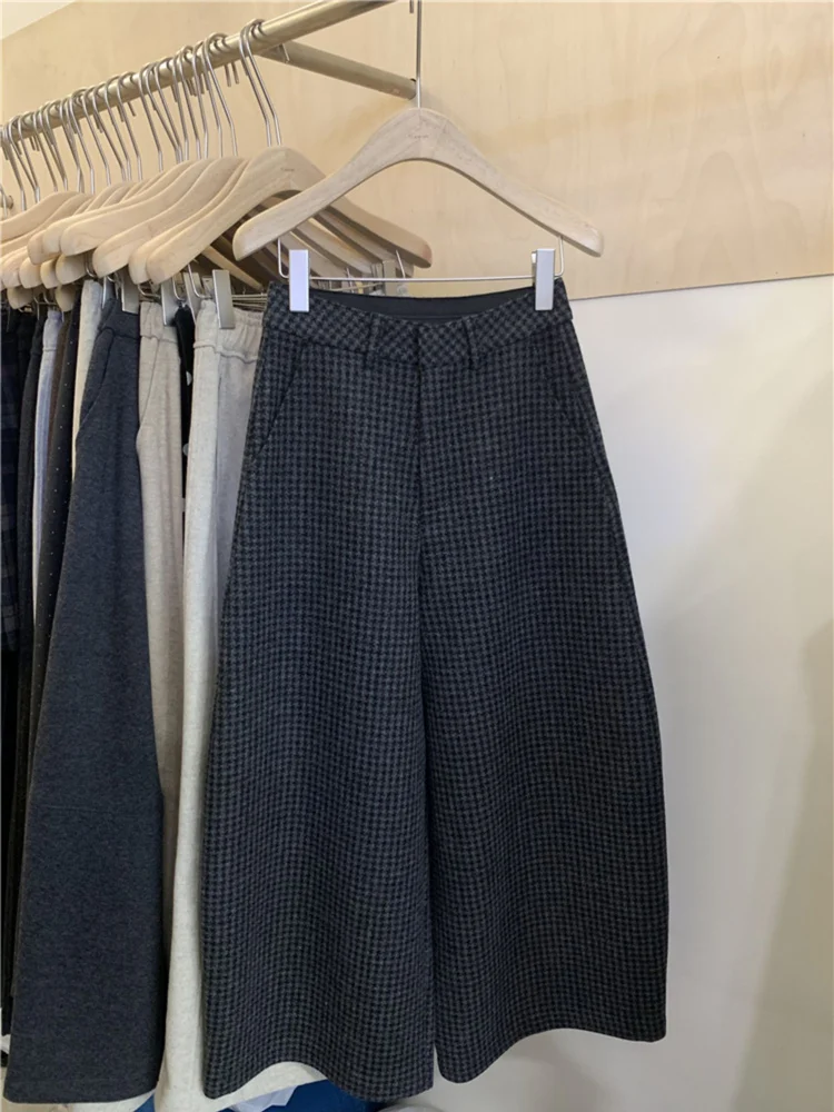 Pantaloni larghi scozzesi da donna larghi casual Autunno Inverno Pantaloni lunghi lusinghieri di piccole dimensioni a vita alta Fce Fini