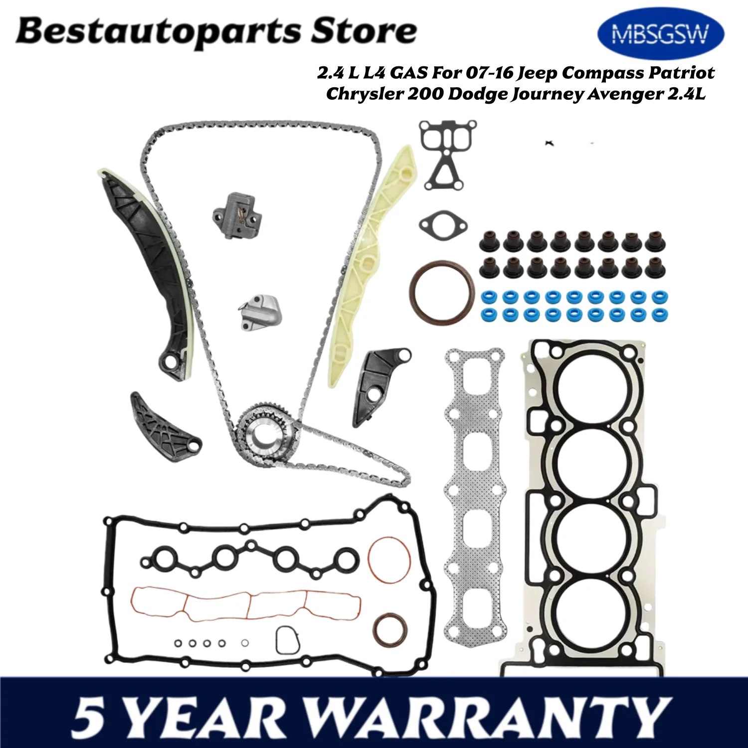 Engine Head Gasket Set Timing Chain Kit Fit 2.4 L L4 GAS For 07-16 Jeep Compass Patriot Chrysler 200 Dodge Journey Avenger 2.4L