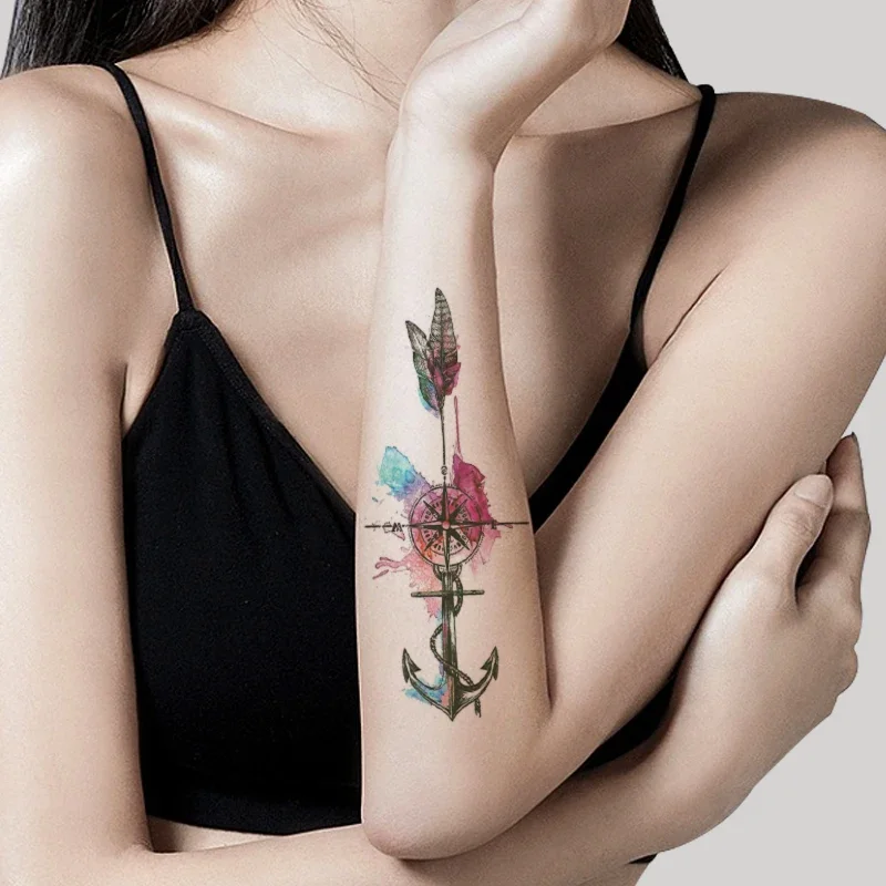 

Watercolor Compass Feather Waterproof Temporary Tattoo Sticker Black Anchor Fake Tattoos Flash Tatoos Arm Body Art for Women Men