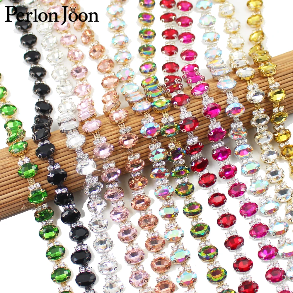 1 yards Multiple color oval glass Crystal Metal Chain Clothing Shoe Decorative  Accessories Rhinestone Trim Chain ML182