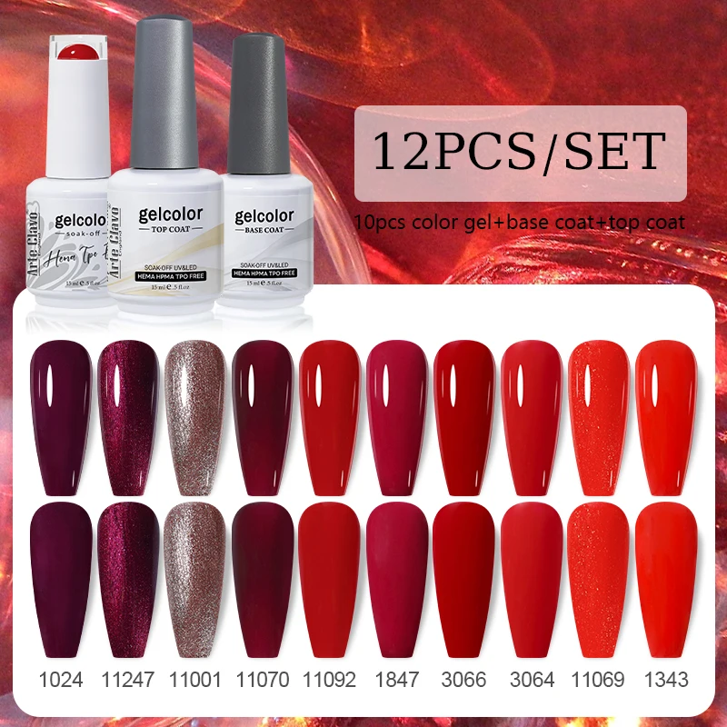 Arte Clavo 12Pcs Gel Nail Polish Red Nail Kit Natural Color Soak Off UV Semi Permanent Varnish Nail Art Manicure Nail Supplies