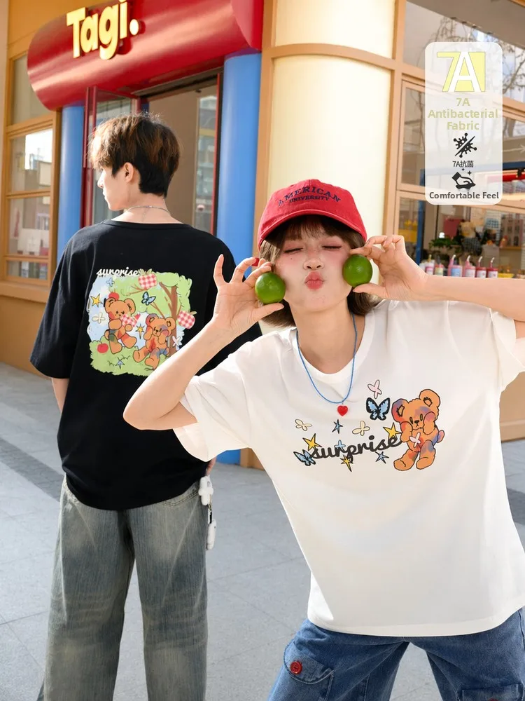 Cute Bear Loose Short Sleeve T-Shirt Women's Summer New Style White Design Couple's Top Sweet Style Universal Fit Cotton Blend