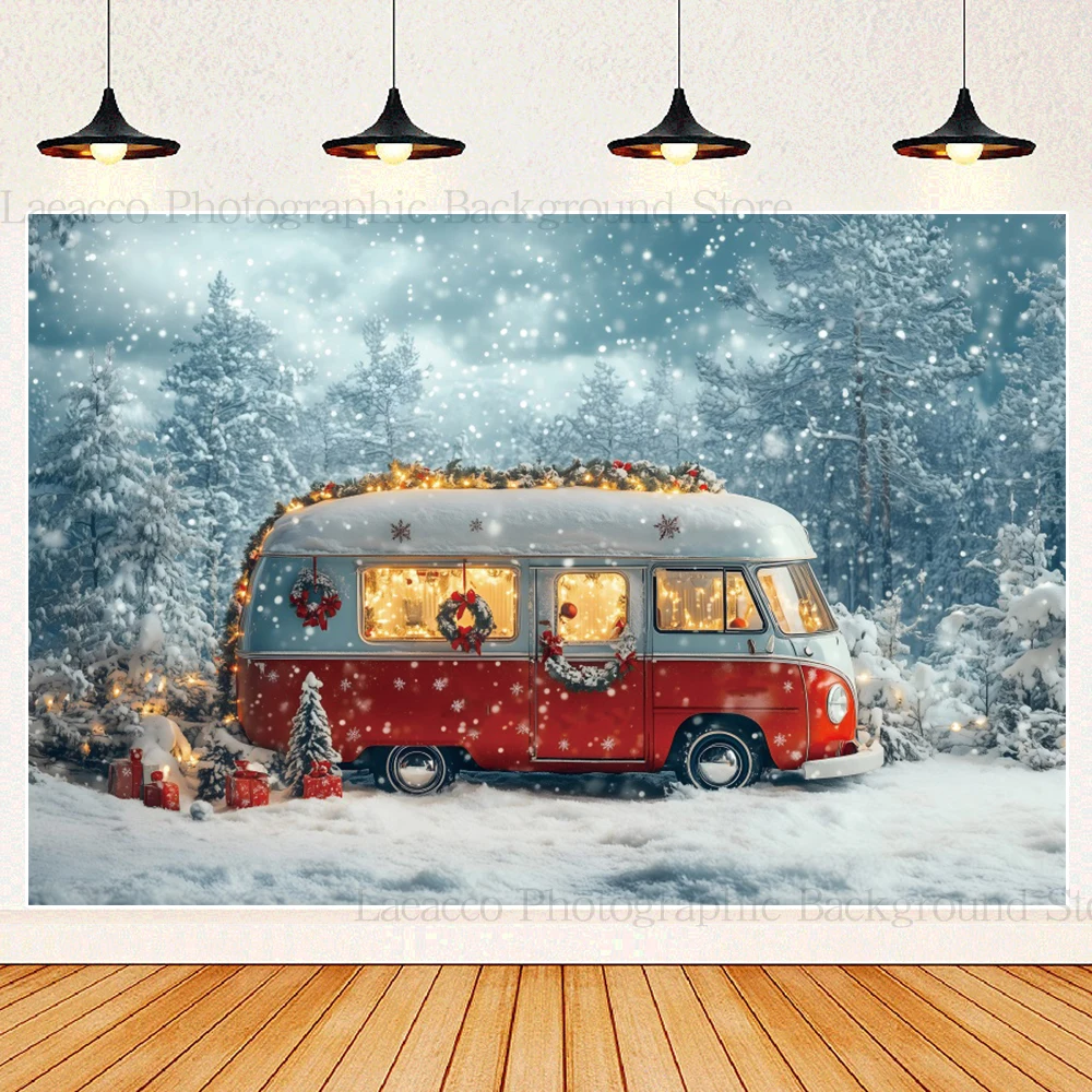 Fondo de fotografía de nieve de coche de Camper de invierno 2025 fiesta de Navidad árbol de Navidad retrato de familia de niños foto telón de fondo accesorios de estudio