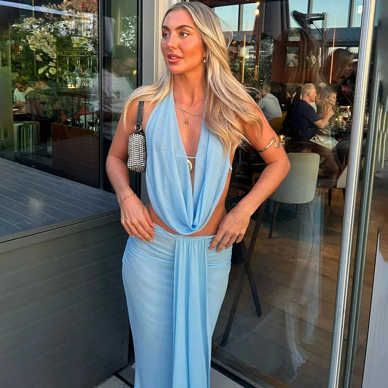 2025 Y2K انظر من خلال 2 قطعة مجموعة النساء الرسن سوينغ طوق المحاصيل الأعلى Ruched الخصر تنورة طويلة مثير نادي الزي فستان مناسبات