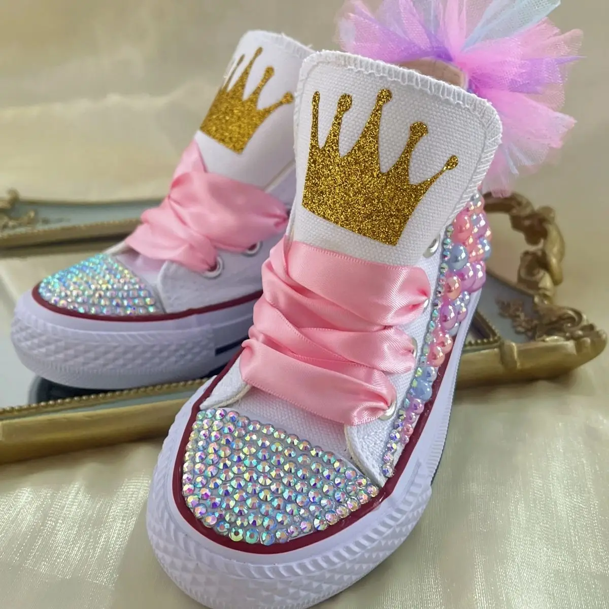 Mesh Flowers Kids Canvas Shoes Handmade Pearls Unicorn Bling Shoes Baby Butterfly Theme Party Glitter Crown Toddler Sneakers