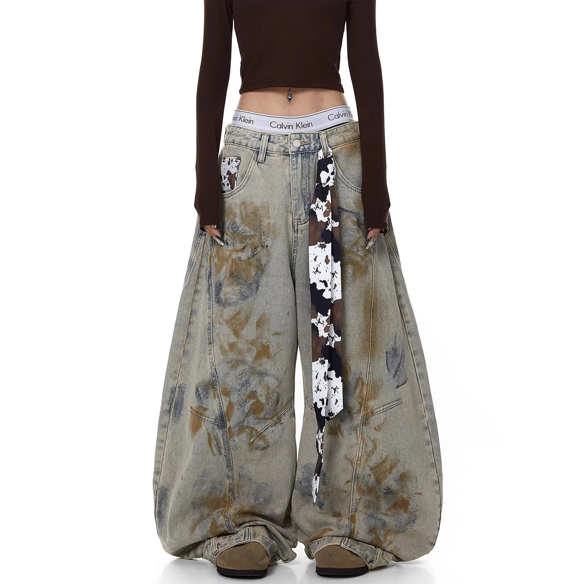 2026 Spring Old Dirty Dyed Jeans Women's New Loose Design Strap Wide Leg Pants