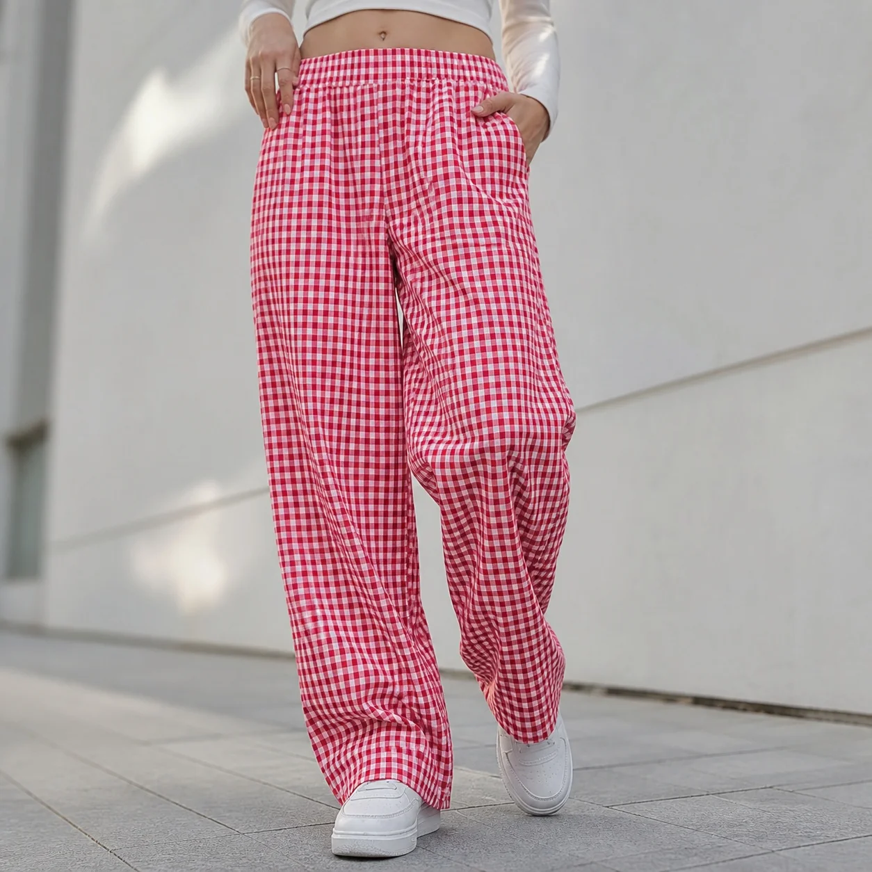 Women's Y2K Checkered Cotton Loose Fit Elastic Waist Woven Pants for Urban Streetwear Female Clothing Women Clothes Women's And