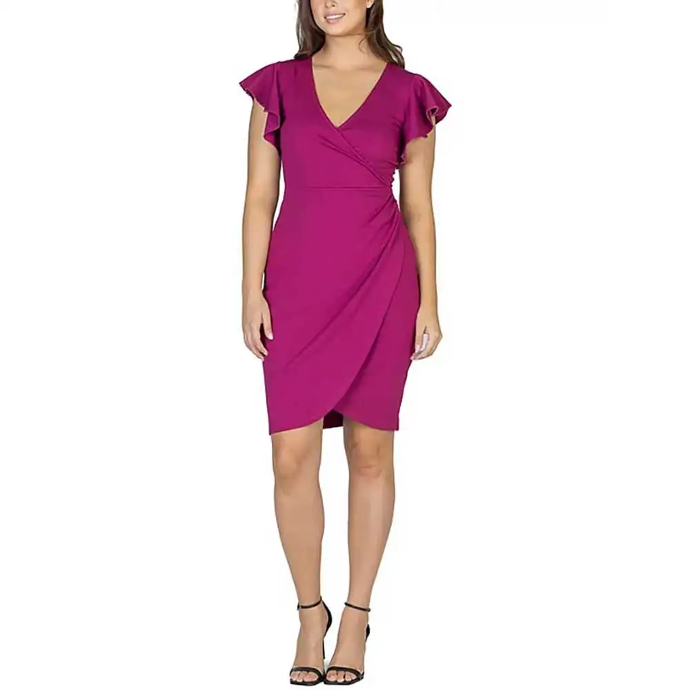 

Chic Short Sleeve Plunging Neckline Knee-Length Pleated Evening Dress for Women Prom Dress Wedding Guest Cocktail Formal Dresses