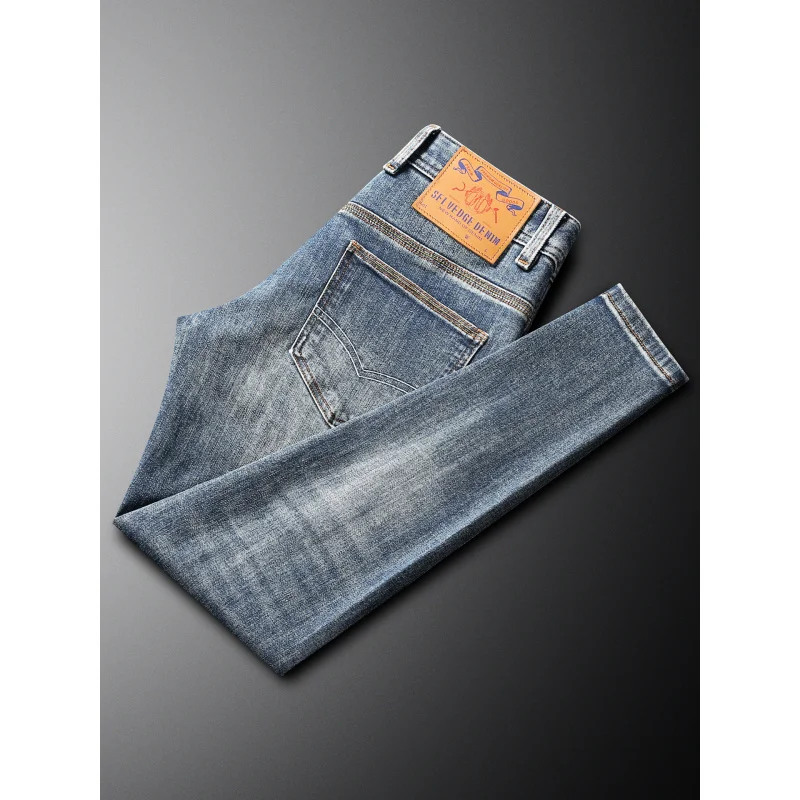 Vintage - Pantalones vaqueros azules de moda de estilo coreano Pantalones rectos elásticos de alta gama Moda para hombres Grueso Otoño Invierno
