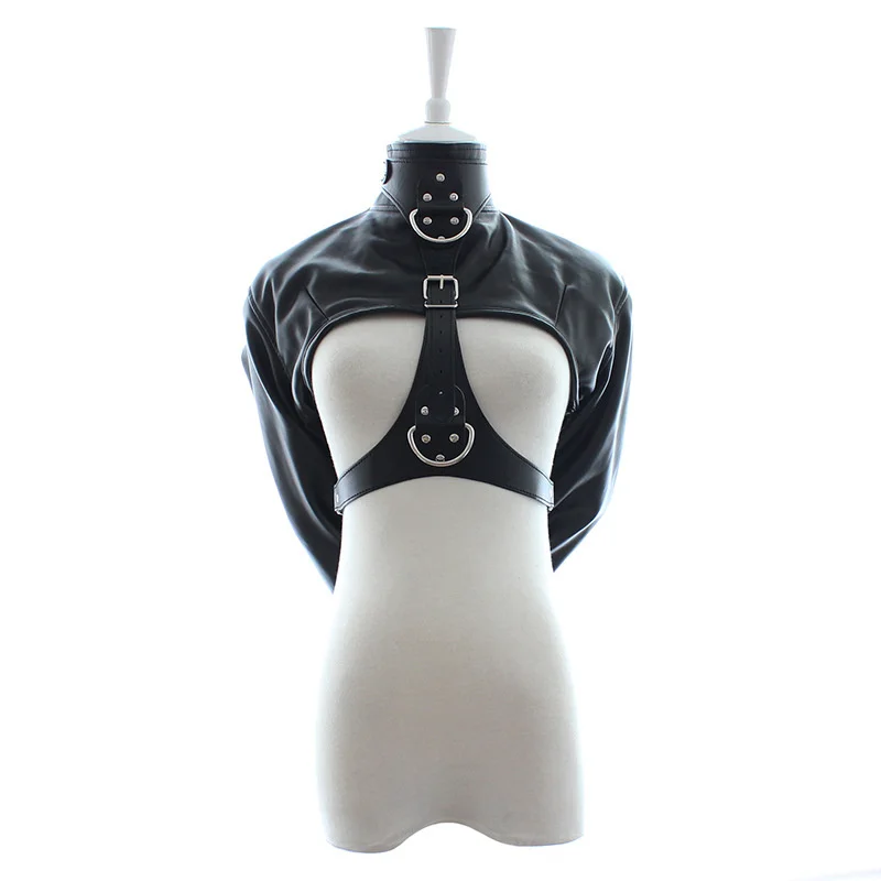 Female BDSM Bondage Breast Exposed PU Leather Straitjacket Restraint Body Harness Jacket Long Sleeves SM Play Flirting Women