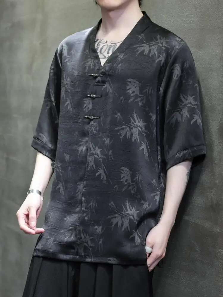 

Новая китайская мужская рубашка с коротким рукавом, летняя, тонкая, из ледяного шелка, в стиле танского костюма, модернизированный дизайн Ханьфу с пуговицами на верхней части.