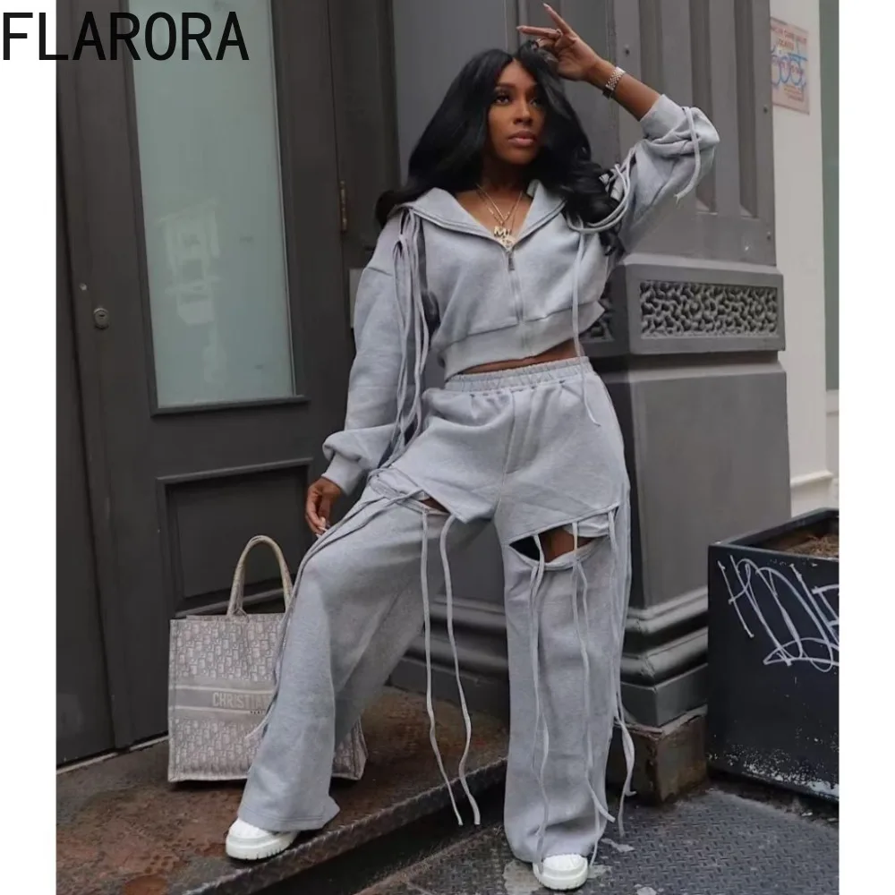 

FLARORA Fashion Tassel 2 Pcs Sets Woman Hole Long Sleeve Zip Hooded Jackets And Wide Leg Pants Outfits Casual Loose Tracksuits