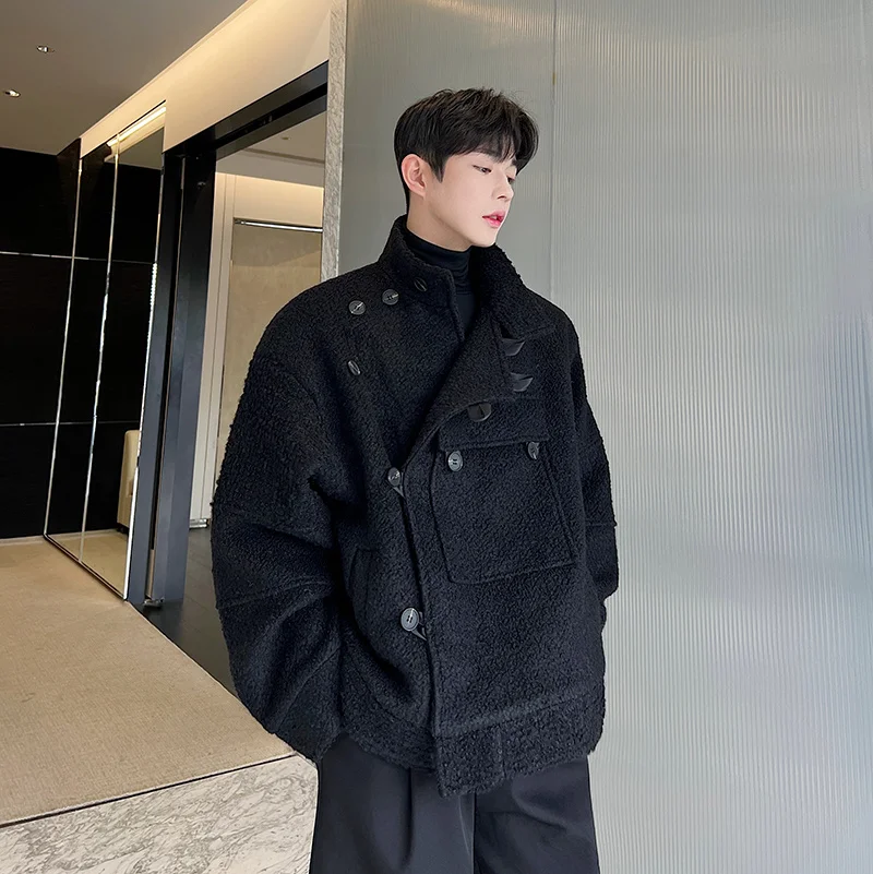 Fashionable Winter Stand-up Collar Thick Lamb Wool Coat Men's Buckle Big Pockets Handsome Long Sleeve Solid Color Woolen Coat