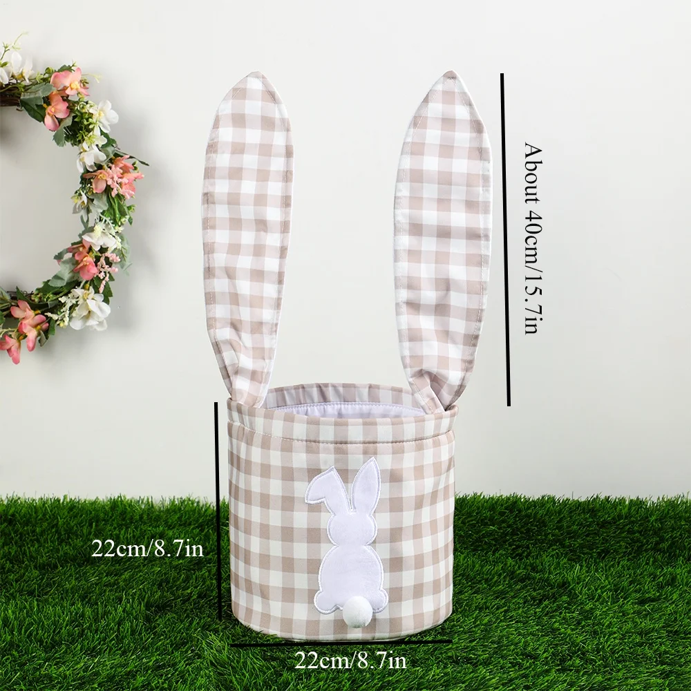 Karierter Osterkorb mit verstellbaren Hasenohren und weißer Hasenapplikation, niedliche Süßigkeiten-Geschenktüte für Kinder, Eierjäten, Frühlingsfeier – Detail 4