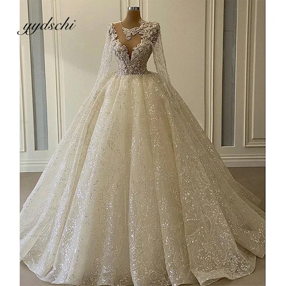 

Luxury O-Neck Organza Appliques Sequined Ball Gown Wedding Dresses For Women 2024 Floor-length Bride Gown vestidos de novia