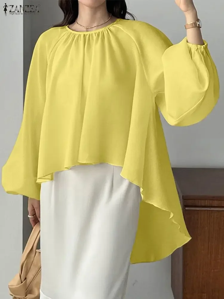 เสื้อผู้หญิง ZANZEA ทรงยาวแบบไม่สมมาตร แขนยาวทรงโคมไฟ สีพื้น สำหรับฤดูใบไม้ร่วง แฟชั่นลำลอง สไตล์หรูหรา เหมาะสำหรับใส่ทำงาน แต่งระบาย ปี 2025