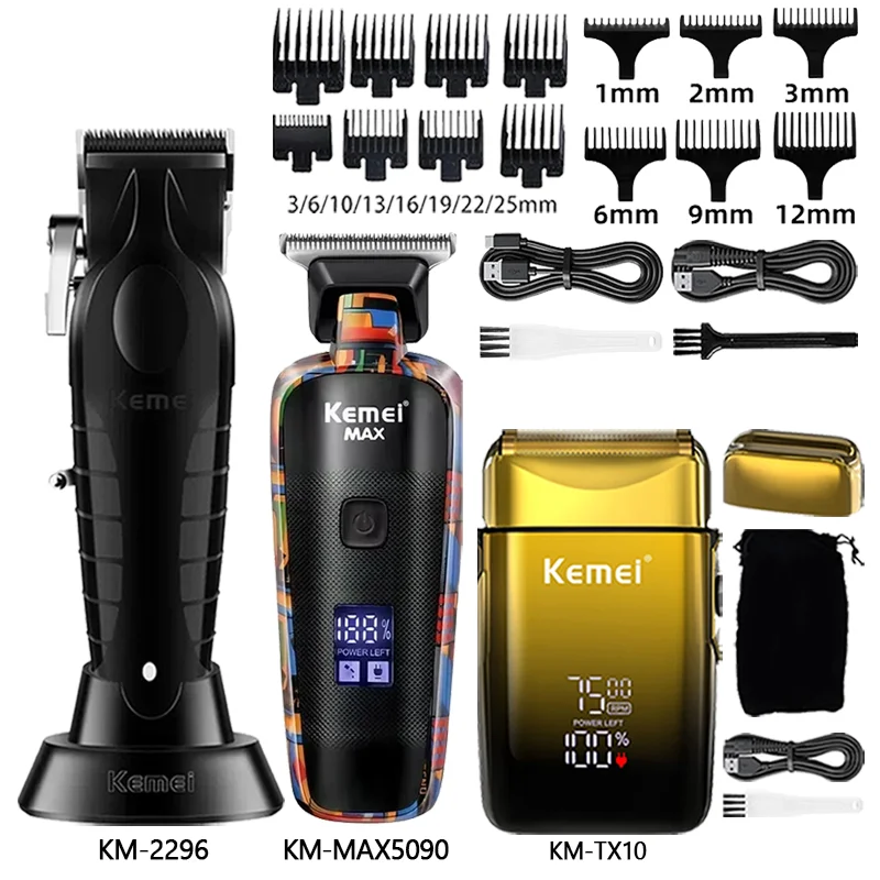 Kemei ماكينة قص الشعر Km-2296 Km-MAX5090 Km-TX10 ماكينة حلاقة لقص الشعر ماكينة حلاقة لاسلكية قابلة لإعادة الشحن