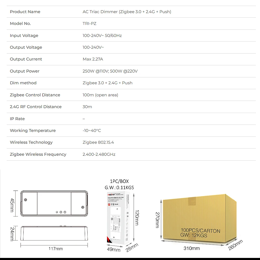 Miboxer TRI-PZ AC100-240V Zigbee 3.0+2.4GRF+Push TUYA Zdalny przełącznik wciskany Światła halogenowe Tryak Ściemnialny kontroler lampy LED