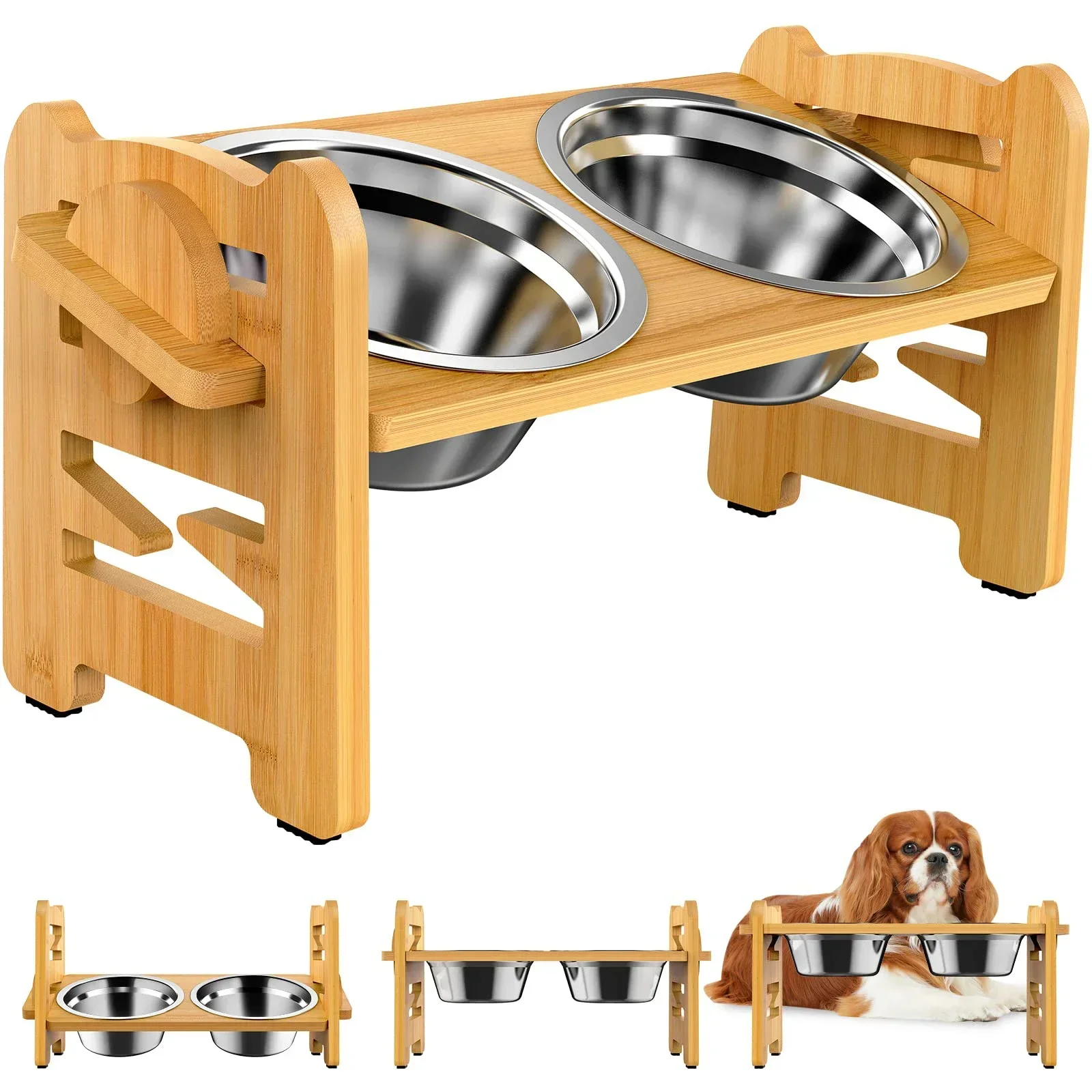 Elevated Stainless Dog Bowls with Bamboo Stand Tilted Adjustable Raised Puppy Cat Food Water Bowls Holder Pet Feeder Accessories