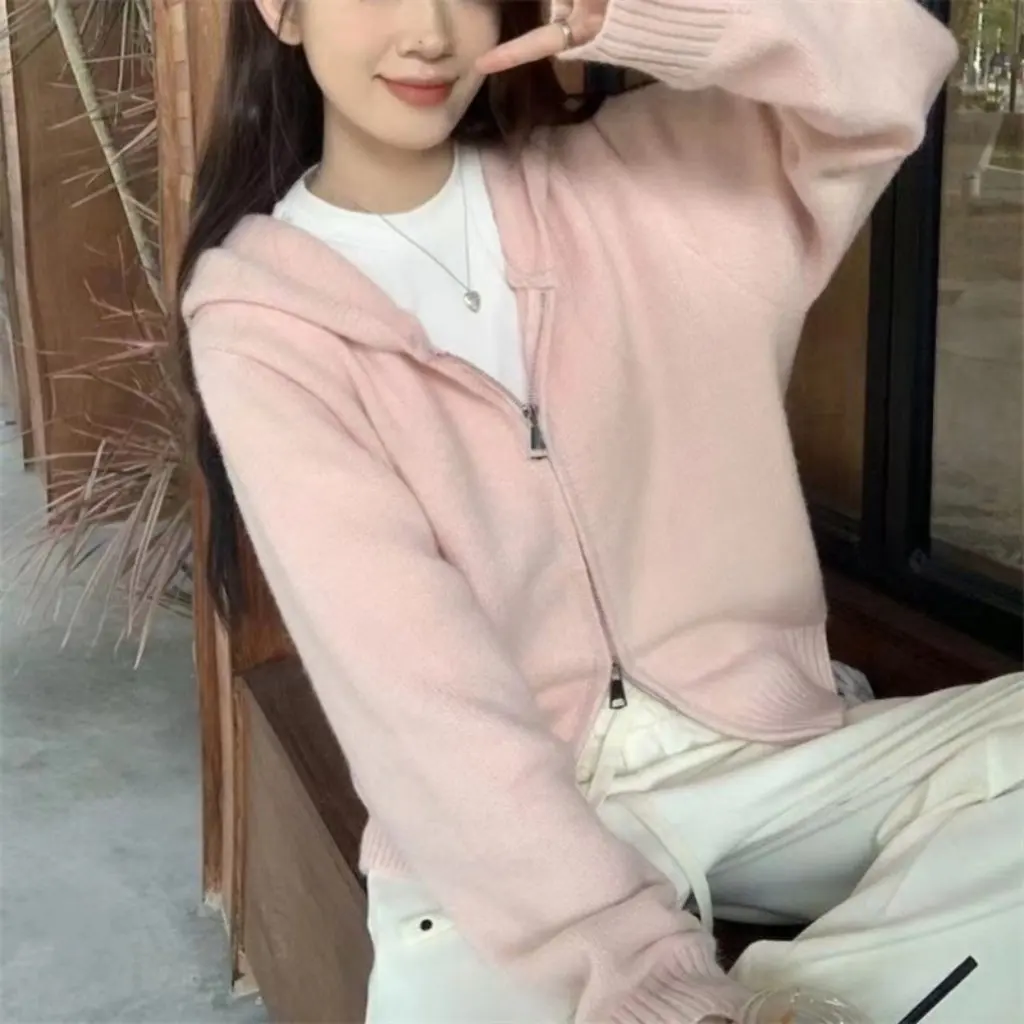 

Women's Pink Hooded Knitwear Top Zippered Soft Waxy Outer Cardigan Jacket for Autumn Winter Spring Lazy Style