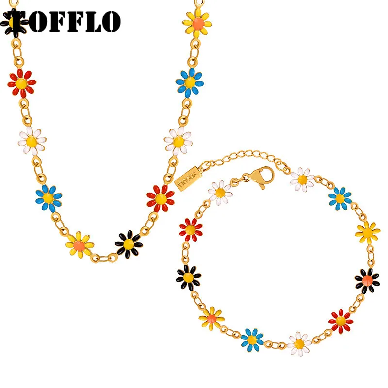 

TOFFLO Stainless Steel Jewelry Bohemian Colorful Small Flower Spliced Chain Necklace Women's Fashion Bracelet Set BSP1550