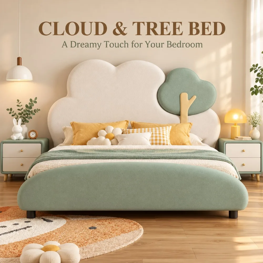 Modern Light Luxury Cloud Shaped Bed, Cute Cartoon Soft Cushion Bed Frame, Eco-Friendly Durable Large Storage Bedroom Furniture