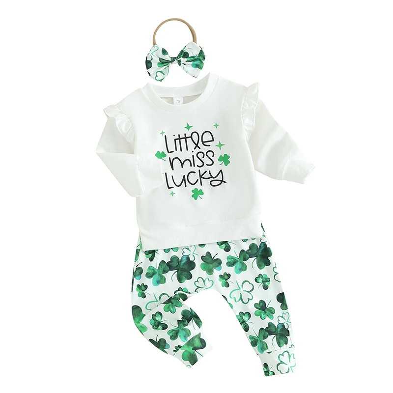 

Toddler Baby Girl St Patricks Outfit Letter Print Crew Neck Sweatshirts Tops Pants Headband 3Pcs Ireland Clothes Set