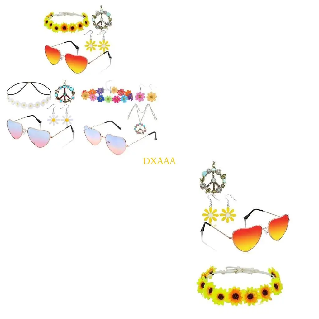 

DXAA 4PCS Женские аксессуары для хиппи -хиппи, солнцезащитные очки мирные колье ожерелья и повязка на голову для карнавальной